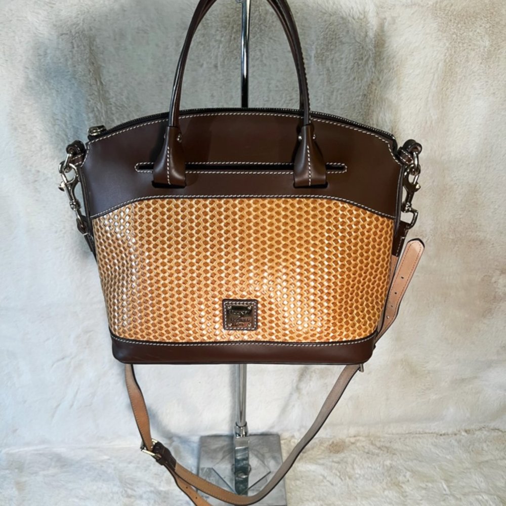 Dooney & Bourke Brown and Tan Woven Leather Satchel with Crossbody Strap